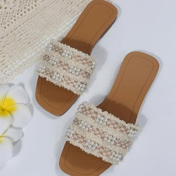 Women's faux pearls decor flat sandals